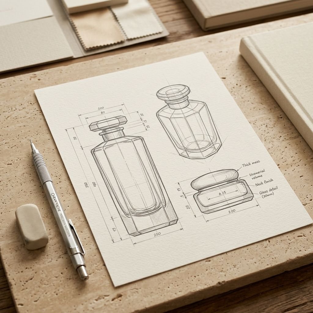 Technical drawing of a perfume bottle and jar