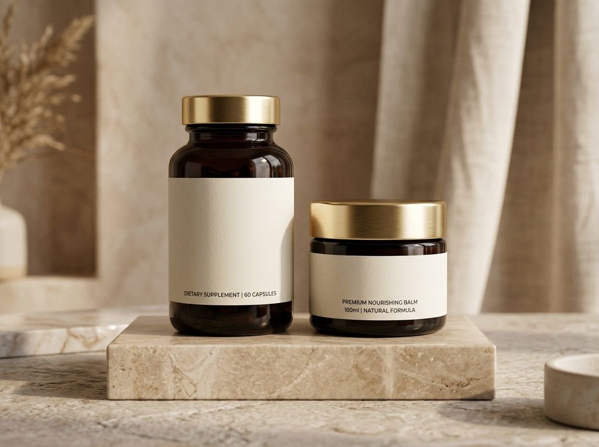 Amber supplement bottle and jar with gold lids